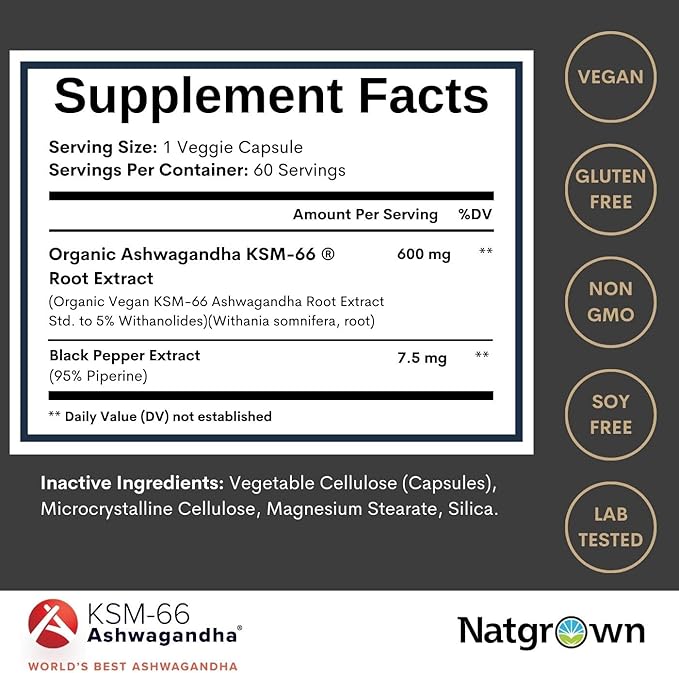 Natgrown Ashwagandha KSM 66 Supplement 600 mg - Stress, Mood, & Athletic Support - Organic KSM66 Root Extract with 5% Withanolides - Vegan Capsules - 60 Count