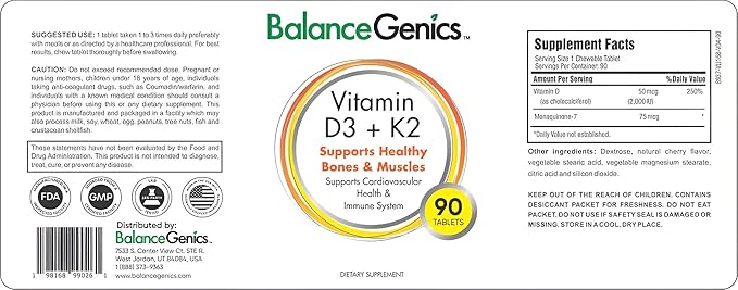 Vitamin D3 + K2 for Healthy Bones & Muscles - Dietary Supplement Supports Immune System, Muscle Function & Overall Wellness - Calcium Supplement with Organic Formula - 50mcg D3&75mcg K2