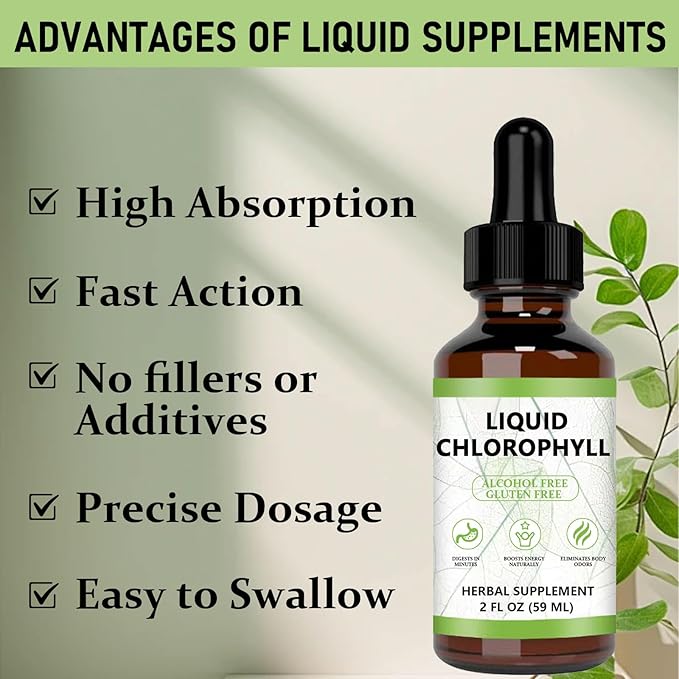 Chlorophyll Liquid Drops, Vegan Chlorophyll Liquid Drops, Body Deodorant & Gut Support Healthcare Liver, Digestion & Immune System, Natural Mint Flavor, 2 Fl Oz (59 Ml)