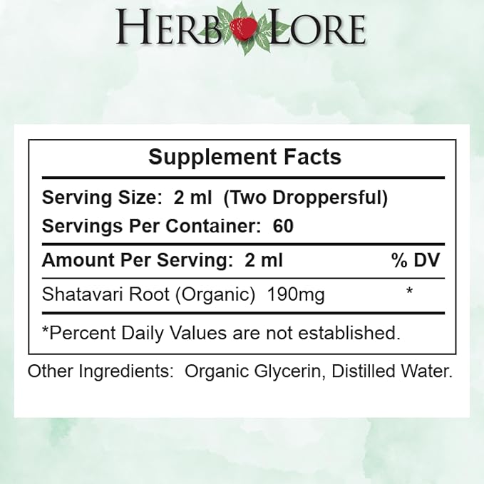 Herb Lore Organic Shatavari Root Extract Tincture - Liquid Shatavari Drops (Asparagus Racemosus) for Lactation and Wellness Support - Alcohol Free (4 fl oz)