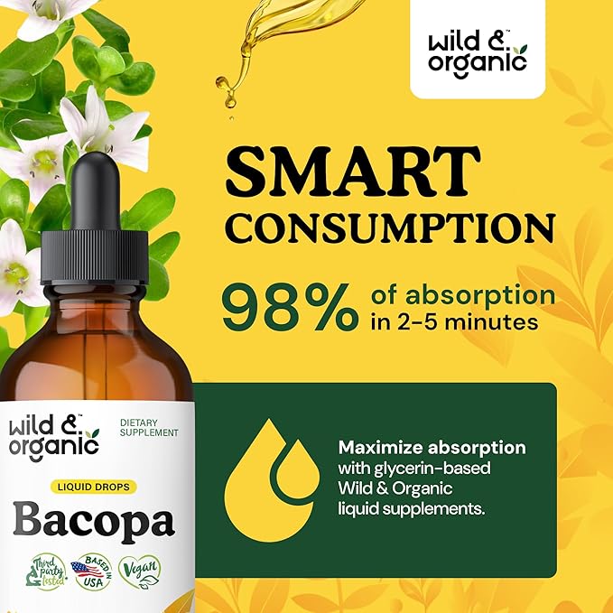 Wild & Organic Bacopa Liquid Drops - Herbal Tincture for Brain Support - Vegan Supplements with Bacopa Monnieri Extract Liquid - 5-Month Supply - Sugar & Alcohol-Free - 4 fl oz