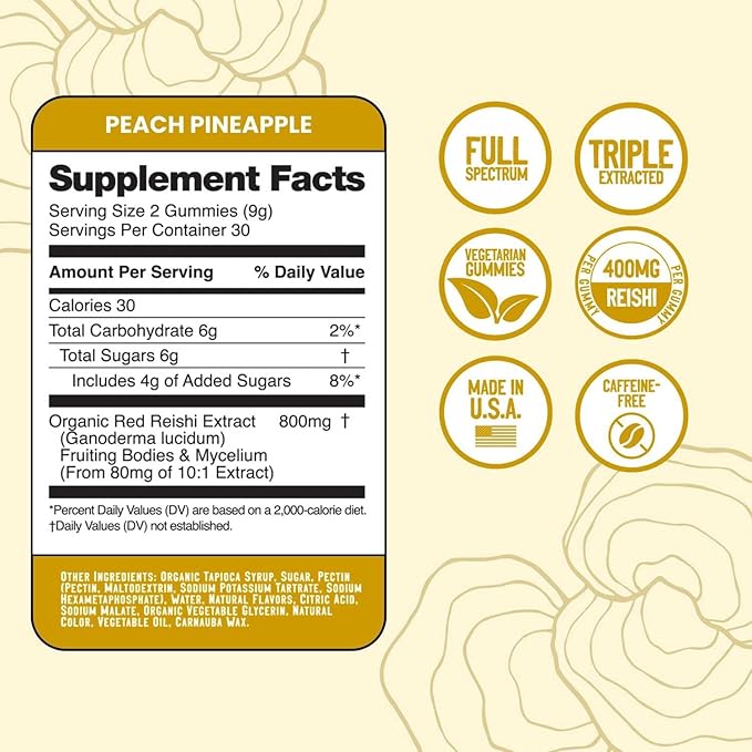 Troomy Reishi Calm Gummies Natural Pineapple Peach Flavor, Gelatin-Free, Gluten-Free, and Vegetarian - 60 Count