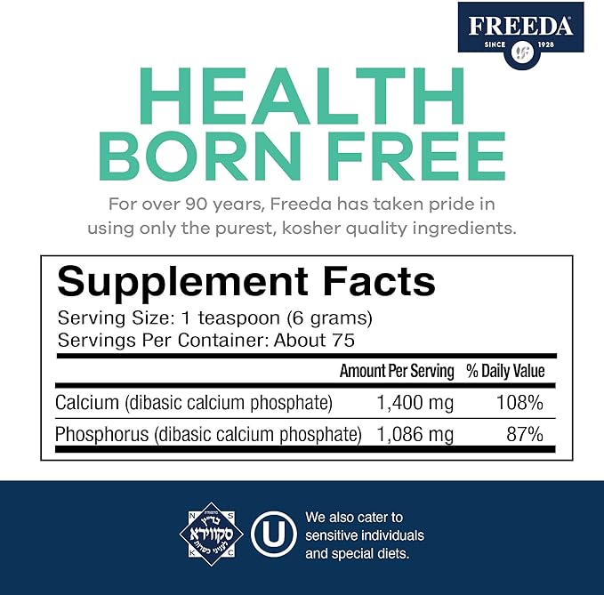 Freeda Calcium Phosphate Powder - Kosher Calcium Supplement for Men & Women, Animal Bone Health & Joint Support for Dogs & Cats - Calcium and Phosphorus Supplement - Calcium Without Vitamin D, 16oz