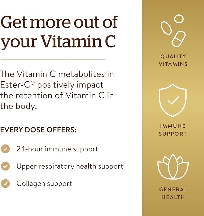 Solgar Ester-C Plus 1000 mg Vitamin C with Citrus Bioflavonoids - 50 Capsules - Gentle & Non Acidic - 24-Hour Immune Support, Supports Upper Respiratory Health - Non-GMO, Gluten Free - 50 Servings