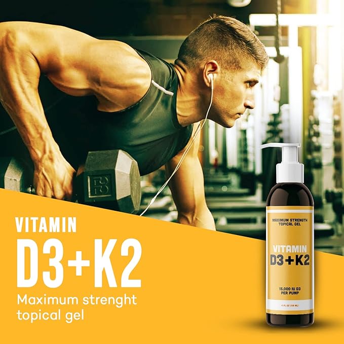 Vitamin D3 K2 Maximum Strength Topical Gel - 15000+ IU Per Pump - The Sunshine Vitamin - Supports Bone & Joint Health, Immune Support - One Month Supply