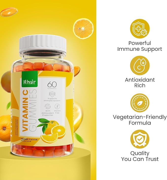 Khair Halal Vitamin C Gummies - Non GMO, Gluten-Free, Gelatin-Free, Vegetarian - Immune Support Gummies, Halal Delicious Vitamins for Adults & Kids - 60 Gummies