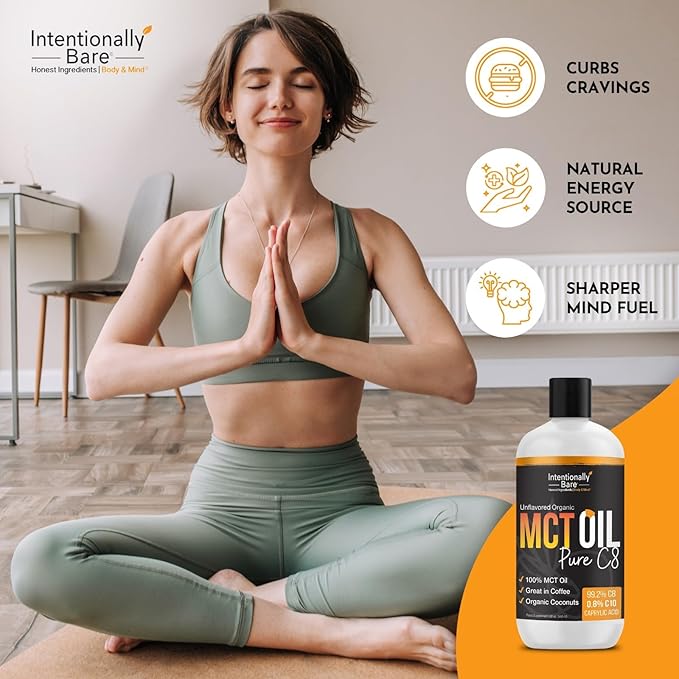Intentionally Bare Pure C8 MCT Oil Organic - Brain Octane C8 MCT Oil for Clean Energy, Keto Paleo and Vegan Diet - Unflavored Brain Octane for Coffee, Shakes and Salads - Coconut MTC 16oz