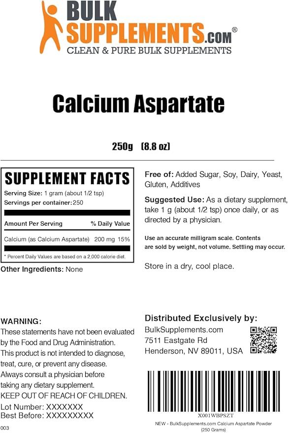 BulkSupplements.com Calcium Aspartate Powder - Calcium Supplement Powder, Essential Nutrient - Gluten Free, 1g per Serving, 250g (8.8 oz) (Pack of 1)