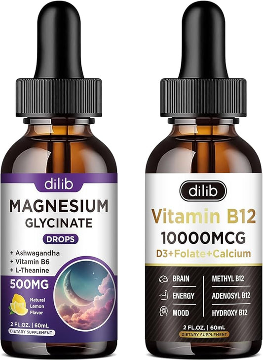 Magnesium Glycinate Liquid Drops Supplement | Vitamin B12 Complex Liquid Drops | Bundle