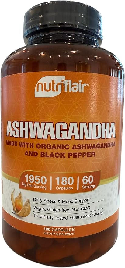 NutriFlair Organic Ashwagandha Root Extract - with Organic Black Pepper - Stress and Mood Support - Powerful Adaptogenic Benefits and Overall Health - Made in USA