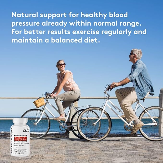 Youth & Tonic Natural Blood Pressure Support Supplement w/Hawthorn Hibiscus & High Potency Diuretic Herbs & Vitamins for Water Retention | 30 BP Capsules to Maintain a Good Health | Women & Men