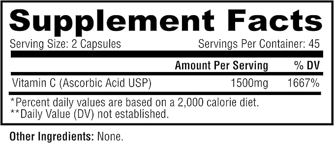 Metabolic Nutrition Vitamin C, 1500mg, Pure Pharma Grade, High Absorption Ascorbic Acid Capsules (90 caps)