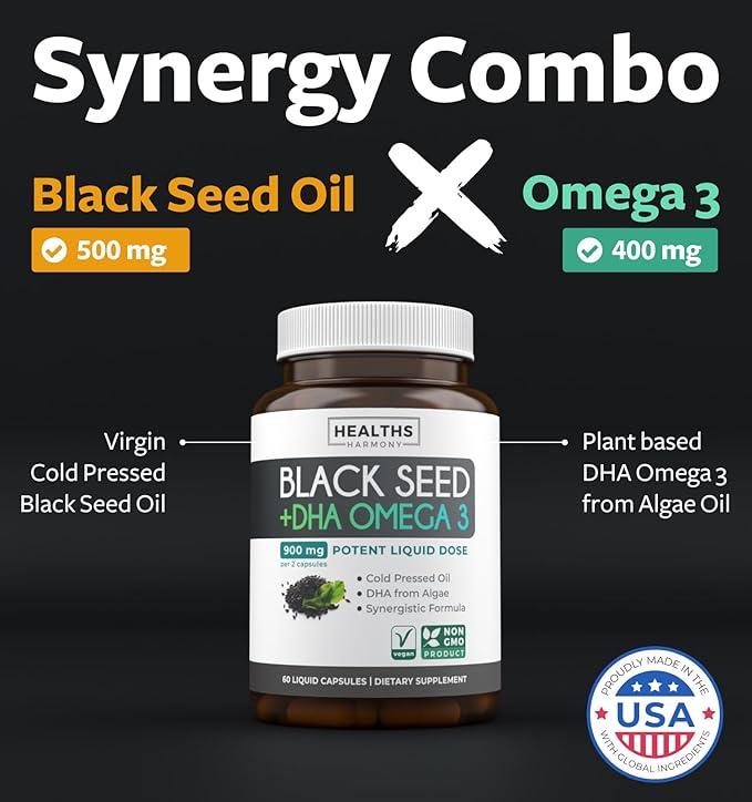 Black Seed Oil & Omega 3 Supplement with DHA - 900mg - 60 Liquid Capsules (Non-GMO & Vegan) - Natural Support for Cognitive Clarity, Focus & Vision Support