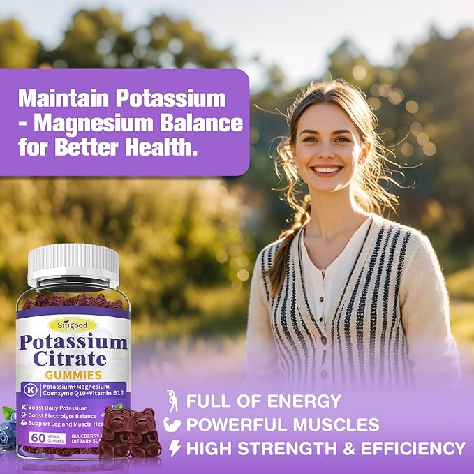 2 Pack Potassium Citrate Gummies, Potassium Supplement for Muscle Health, Leg Cramp Relief & Electrolyte Balance, Vegan, Non-GMO, Gluten-Free, Blueberry Flavor, 120 Count