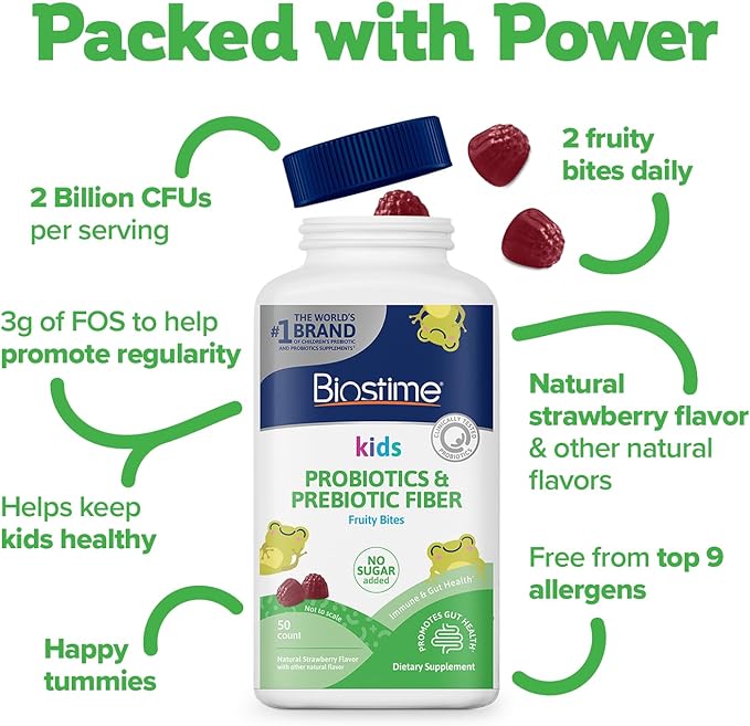 Biostime Kids Prebiotic & Probiotic Gummies (Ages 4+) | Probiotics for Kids | Includes 2 Billion CFU to Support Digestive Health| No added sugar Fruity Bites | Free from Top 9 Allergens |50 Count