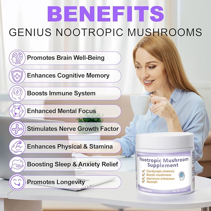 Nootropic Mushroom Supplement – Lion's Mane, Cordyceps, Reishi, Noopept | Boost Focus, Cognitive, Memory, Energy & Immune Health | Lion Mane Mushroom Supplement Powder, Purity 99.9+%