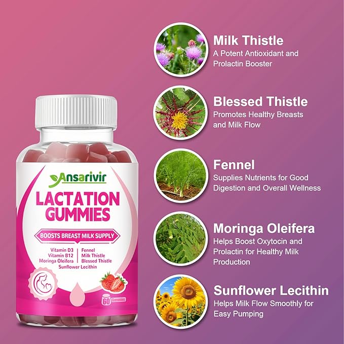 Lactation Supplement Gummies – Powered by Moringa, Fennel, Sunflower Lecithin, Milk Thistle, Blessed Thistle, plus Vitamins D3 & B12 – 60 Gummies for Breastfeeding Support & Milk Supply Boost