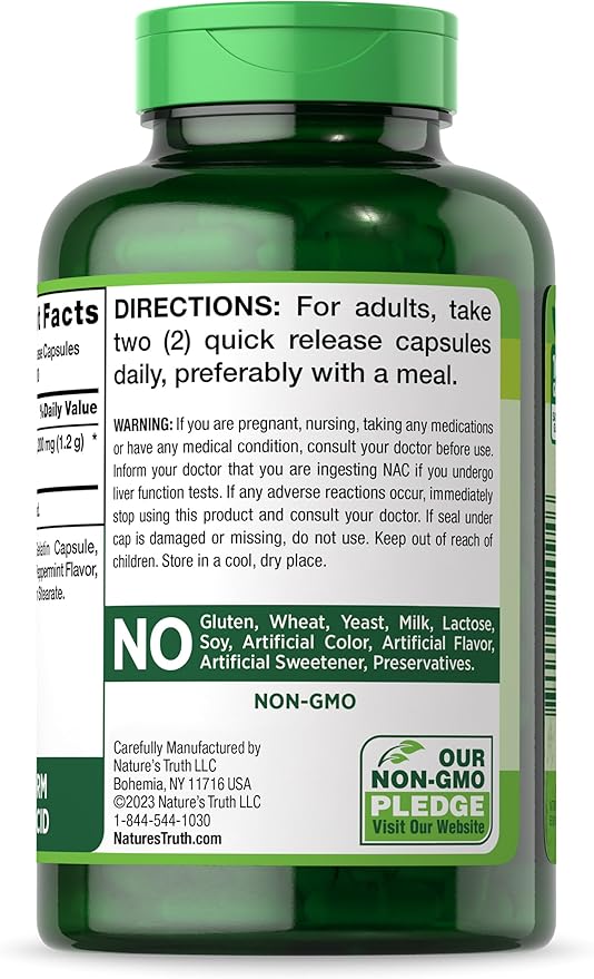 Nature's Truth NAC N-Acetyl Cysteine | 1,200mg | 200 Capsules | Free Form Amino Acid | Non-GMO & Gluten Free Supplement