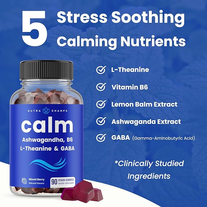 NutraChamps Calm Gummies, Stress Gummies Supplement with Ashwagandha, L-Theanine, GABA, Vitamin B6 & Lemon Balm, Supports Mood, Focus & Stress Relief, Natural Berry, 90 Gummies