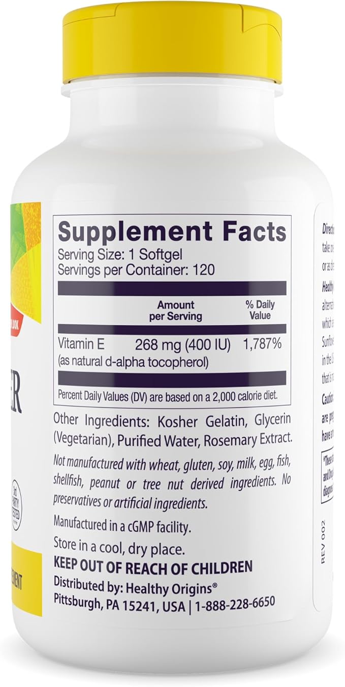 Healthy Origins Sunflower Vitamin E-400 IU (Non-GMO, Gluten Free, Soy Free, Hair Support, Nail Support, Skin Support, Cardiovascular Support), 120 Softgels