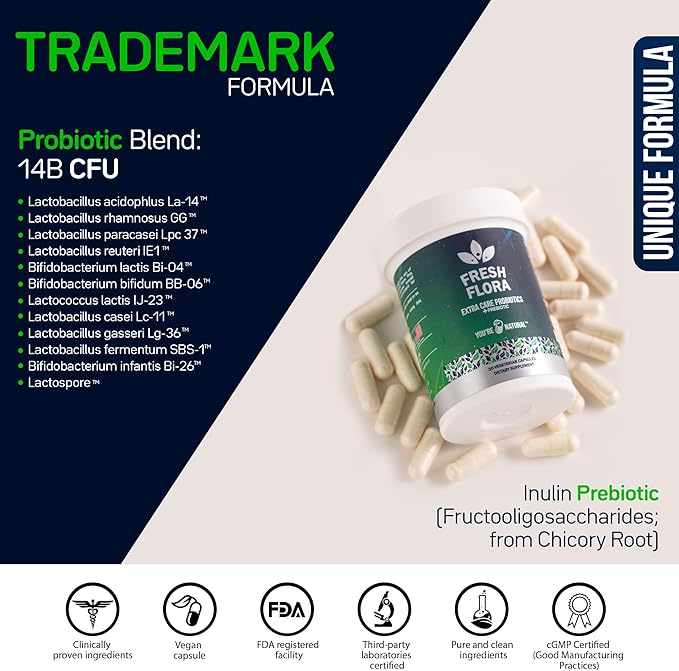 Fresh Flora - Probiotics & Prebiotics For Women and Men - 15 Billion CFU - Lactobacillus Lactospore - Howaru Strengthens Immunity - Digestive & Gut Health - Gas & Bloating Relief - 30 Veggie Capsules