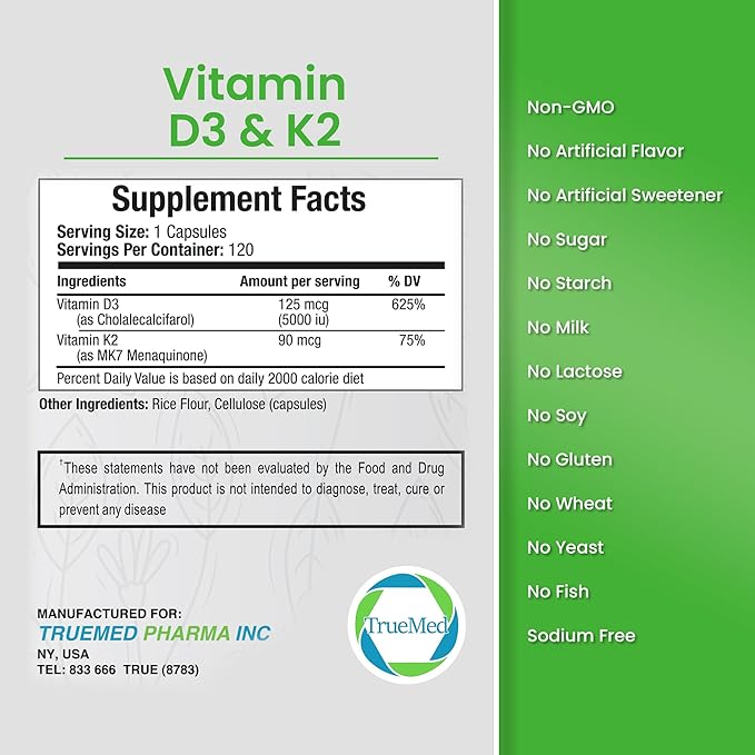 Vitamin D3 & K2 Supplement – High-Potency D3 5000 IU + K2 MK7 – Supports Bone, Heart & Immune Health – Calcium Absorption & Cardiovascular Wellness – 120 Vegan Capsules
