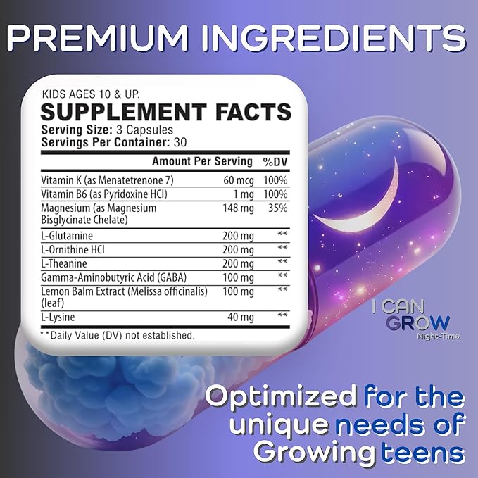 I Can Grow Night-Time Sleep Support for Kids 10+ & Teens | Magnesium Bisglycinate + GABA + L-Theanine | Non-Habit Forming | No Melatonin | Natural Calm & Recovery Formula | Vitaminas para Niños