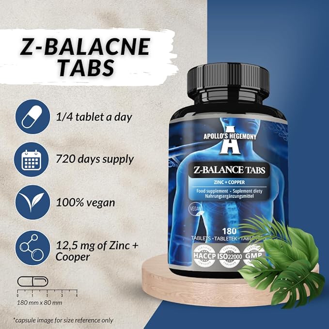 Z-Balance - Zinc 12,5mg + Cooper - 180 Tablets Capsules - 720 Servings - Zinc bisglycinate and Cooper bisglycinate - Supplement for Healthy Hair, Skin and Nails - by Apollo's Hegemony