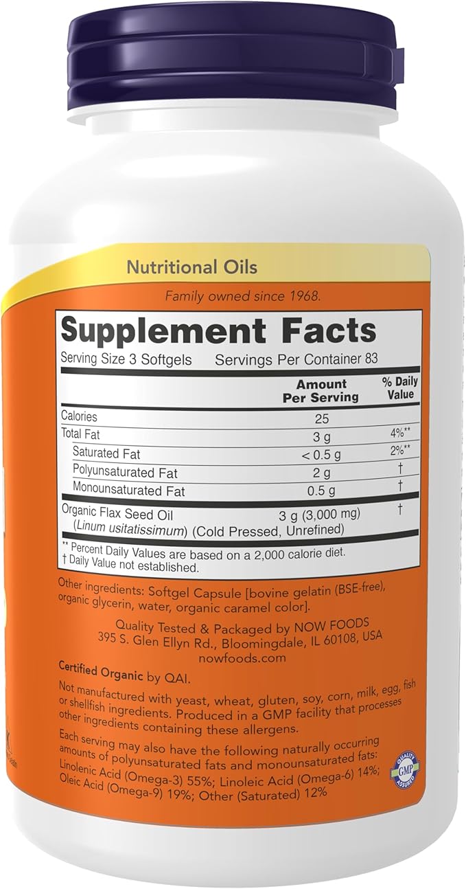 NOW Foods Supplements, Flax Oil 1,000 mg made with Organic Flax Oil, Cardiovascular Support*, 250 Softgels