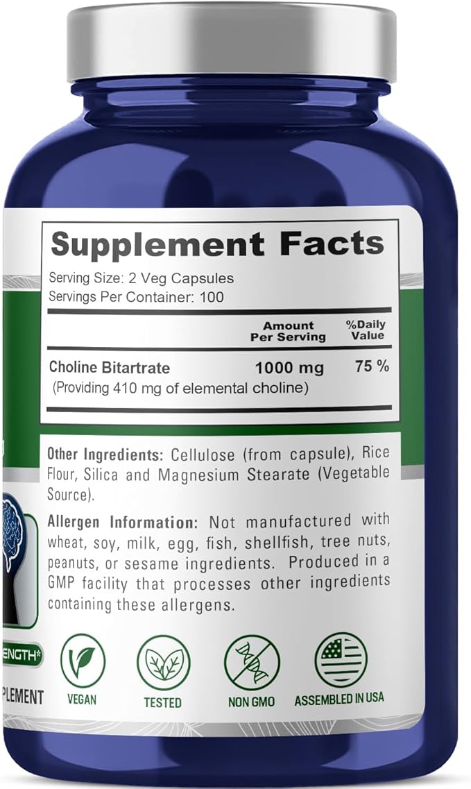 NusaPure Choline Bitartrate 1000 mg 200 Veggie Capsules (Vegetarian, Non-GMO)