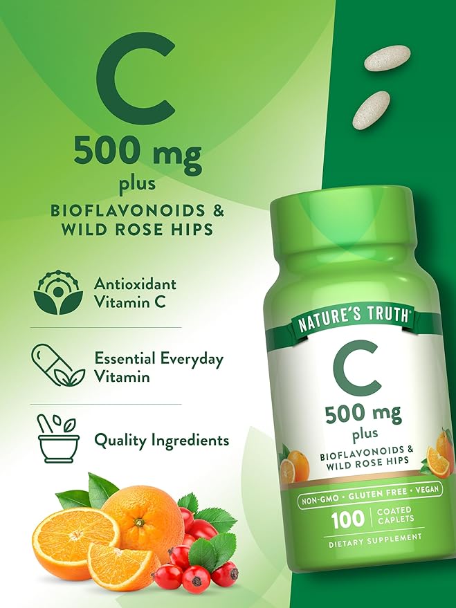 Nature's Truth Vitamin C with Rose Hips and Bioflavonoids | 500mg | 100 Caplets | Vegan, Non-GMO & Gluten Free