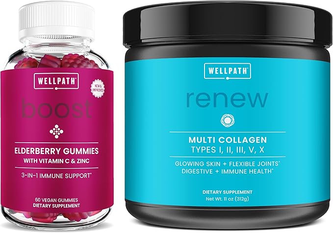 WellPath Immune & Wellness Supplements: Boost Elderberry Gummies with Zinc & Vitamin C + Renew Multi Collagen Protein Powder for Women - Vegan, Non-GMO, Supports Immunity & Skin Health