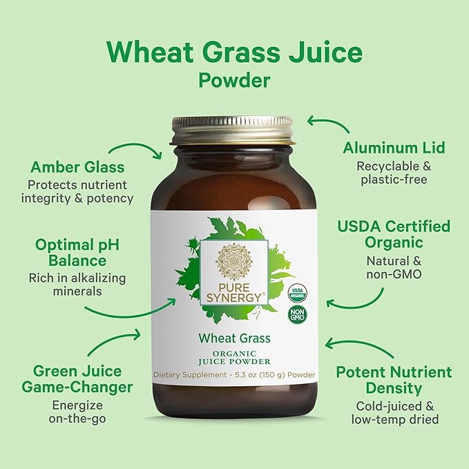 PURE SYNERGY Organic Wheat Grass Juice Powder | Chlorophyll-Rich Green Juice Powder | Raw Organic USA Wheat Grass | for Energy, Alkaline Balance, and Digestion Support (5.3 oz.)