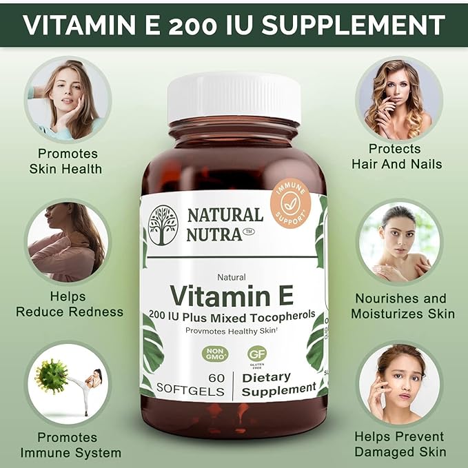 Natural Nutra Vitamin E 200 IU Supplement for Skin, Hair and Nails, Promote Heart Health, Helps Reduce Redness, Helps to Prevent Skin Texture, Promoted Immune System, Gluten Free, 60 Softgels
