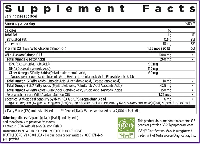 New Chapter Omega-3 Complex, Fish Oil Supplement Wild Alaskan Salmon for Heart, Brain, Eye, Joint & Skin Health Support - 30 Count