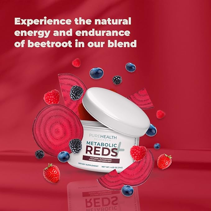 PUREHEALTH RESEARCH Reds Superfoods Powder - Only 10 Calories Fruit and Vegetable Adaptogen Drink with Beetroot, Polyphenols, Probiotic Powder - Antioxidants Supplement for Energy, 30 Servings