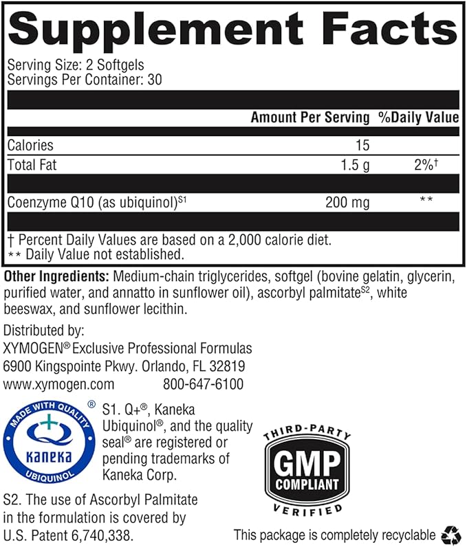 XYMOGEN CoQmax 200mg CoQ10 ubiquinol - Patented, Stabilized Form - Coenzyme Q10 for Antioxidant, Cognitive + Heart Health Support (60 Softgels)