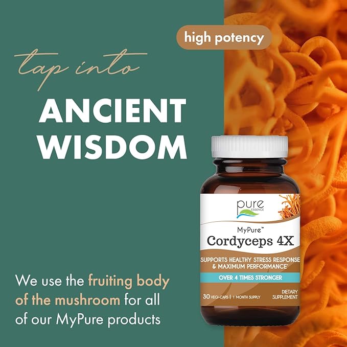PURE ESSENCE LABS MyPure Cordyceps 4X Mushrooms - Concentrated Cordyceps Mushroom Powder Supplements for Immune System, Stress Response, Physical & Mental Performance - 1 Month Supply