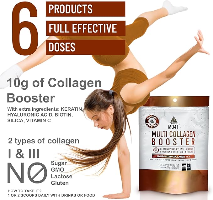 Multi Collagen Booster Powder – Extra Strength Collagen Supplement with Added Keratin, Biotin, Hyaluronic Acid, Vitamin C & Silica – Extra Nutrients for Hair, Nails,& Skin -1 Pound