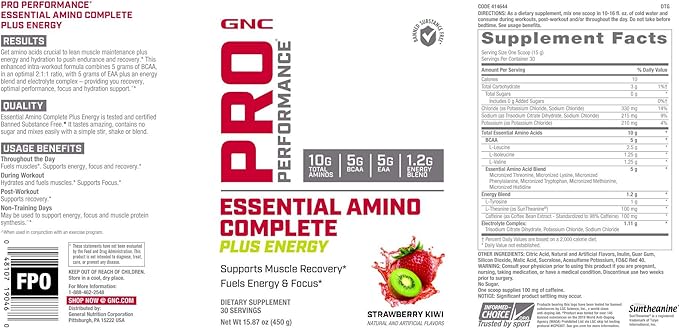 GNC Pro Performance Essential Amino Complete Plus Energy, Strawberry Kiwi, 15.9 oz., Supports Muscle Recovery