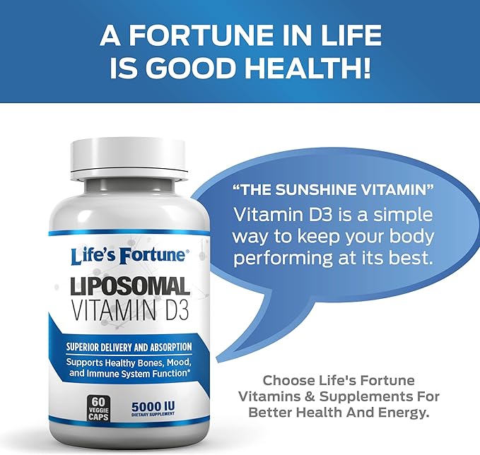 Life's Fortune Liposomal Vitamin D3 5000 IU Supplement Non-GMO, High Absorption, Supports Healthy Bones Mood and Immune System Function, 60 Veggie Caps