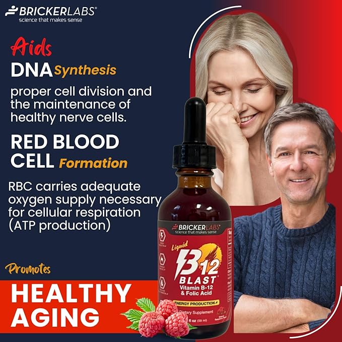 B-12 Blast Liquid Vitamin B12 and Folic Acid Supplement, Support Energy Production, Great Tasting Liquid Vitamin B12 Dietary Supplement in Natural Raspberry Flavor, 2 fl oz Bottle