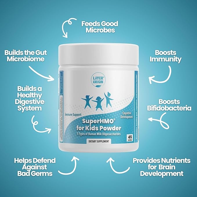 SuperHMO Prebiotic Mix for Kids - 5 HMOs for Gut, Digestion, and Cognitive Health, Powder, 45 Servings