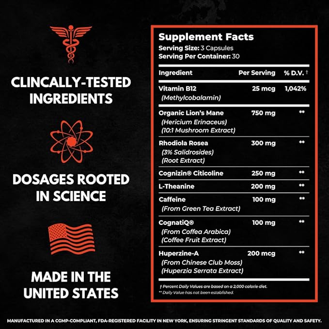 8-IN-1 All-Natural Nootropic Supplement for Focus, Energy, & Memory Support | Organic Lion's Mane & Rhodiola | Cognizin Citicoline & CognatiQ | Caffeine & L-Theanine | Huperzine-A & Vitamin B12