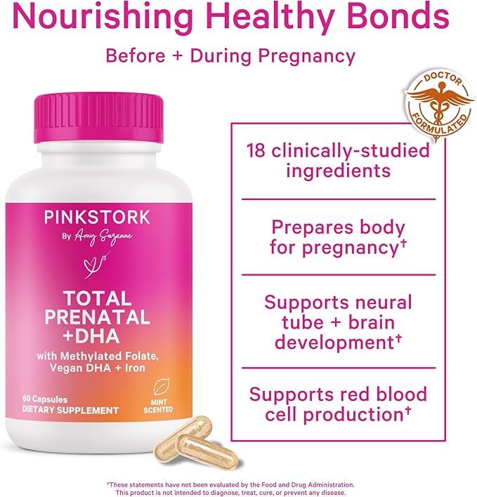 Pink Stork Total Prenatal Vitamins with DHA, Folate, Iron, Choline, and Vitamin B12 - Preconception Nutrition - Prenatals for Women, Pregnancy Must Haves - Mint Essence, 60 Capsules, 1 Month Supply