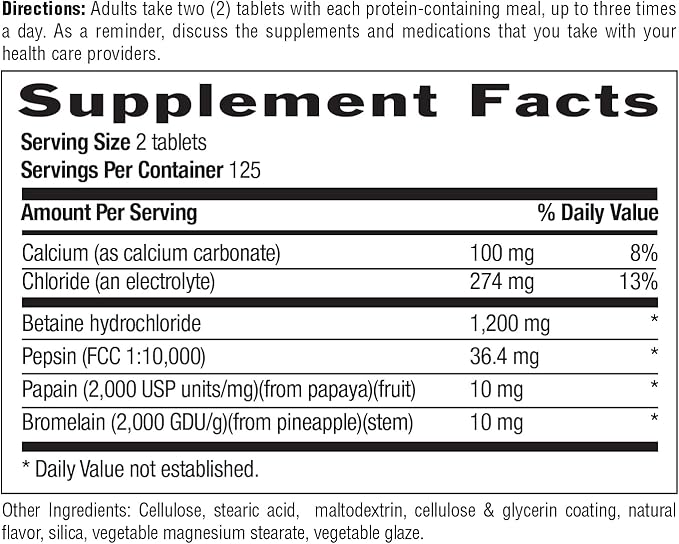Country Life Betaine Hydrochloride with pepsin 600 mg - 250 Tablets