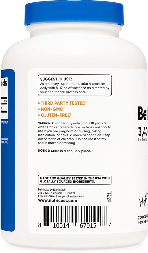Nutricost Beta-Alanine Capsules 3400mg, 240 Caps (2 Pack) - Potent Beta Alanine, Gluten Free & Non-GMO, 850mg Per Cap, 60 Serv Per Bottle