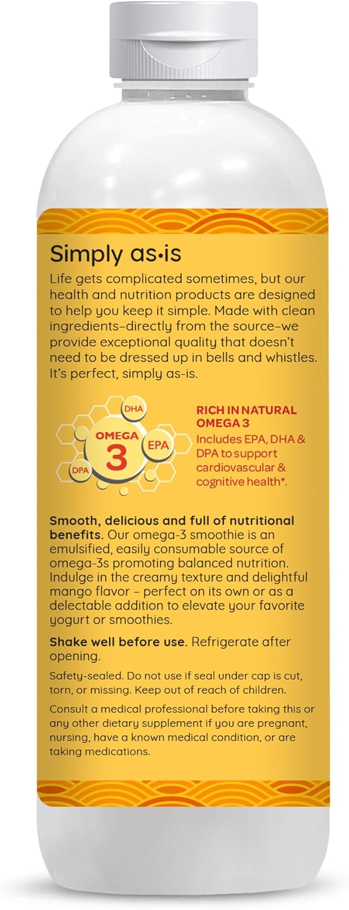 AS-IS Simply 16 fl oz (31 Servings) | Omega-3 Smoothie from Fish Oil | Promotes Heart & Brain Health | Dairy & Sugar Free | Natural Mango Flavor