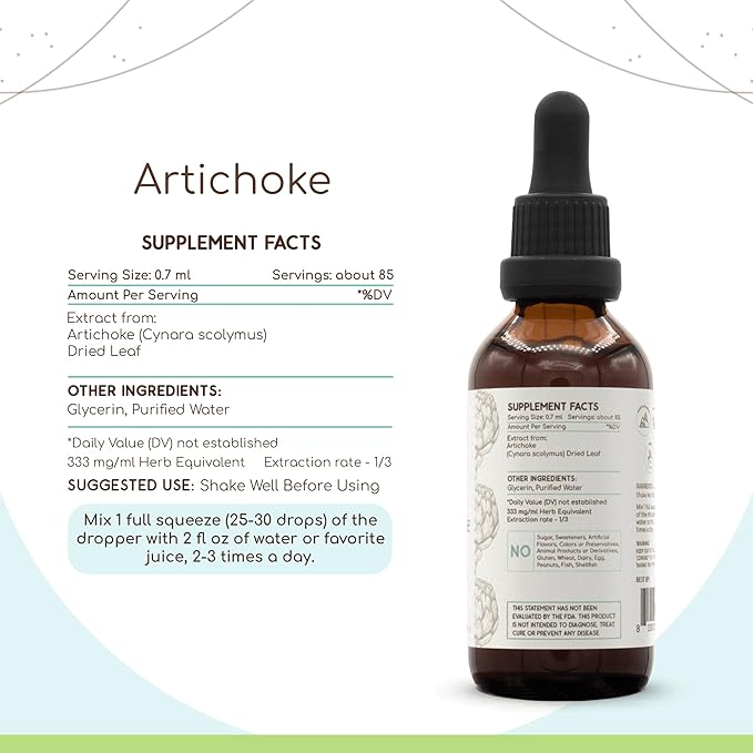 Artichoke B60 Alcohol-Free Herbal Extract Tincture, Concentrated Liquid Drops Natural Artichoke (Cynara scolymus) (2 fl oz)