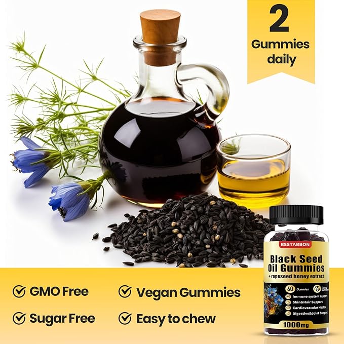Black Seed Oil Gummies with 1000mg Organic Black Seed Oil, 25mg rapeseed Honey Extract,Vitamin B6,B12 and zinc for Immune System Support (60 Gummies) (60 Count)